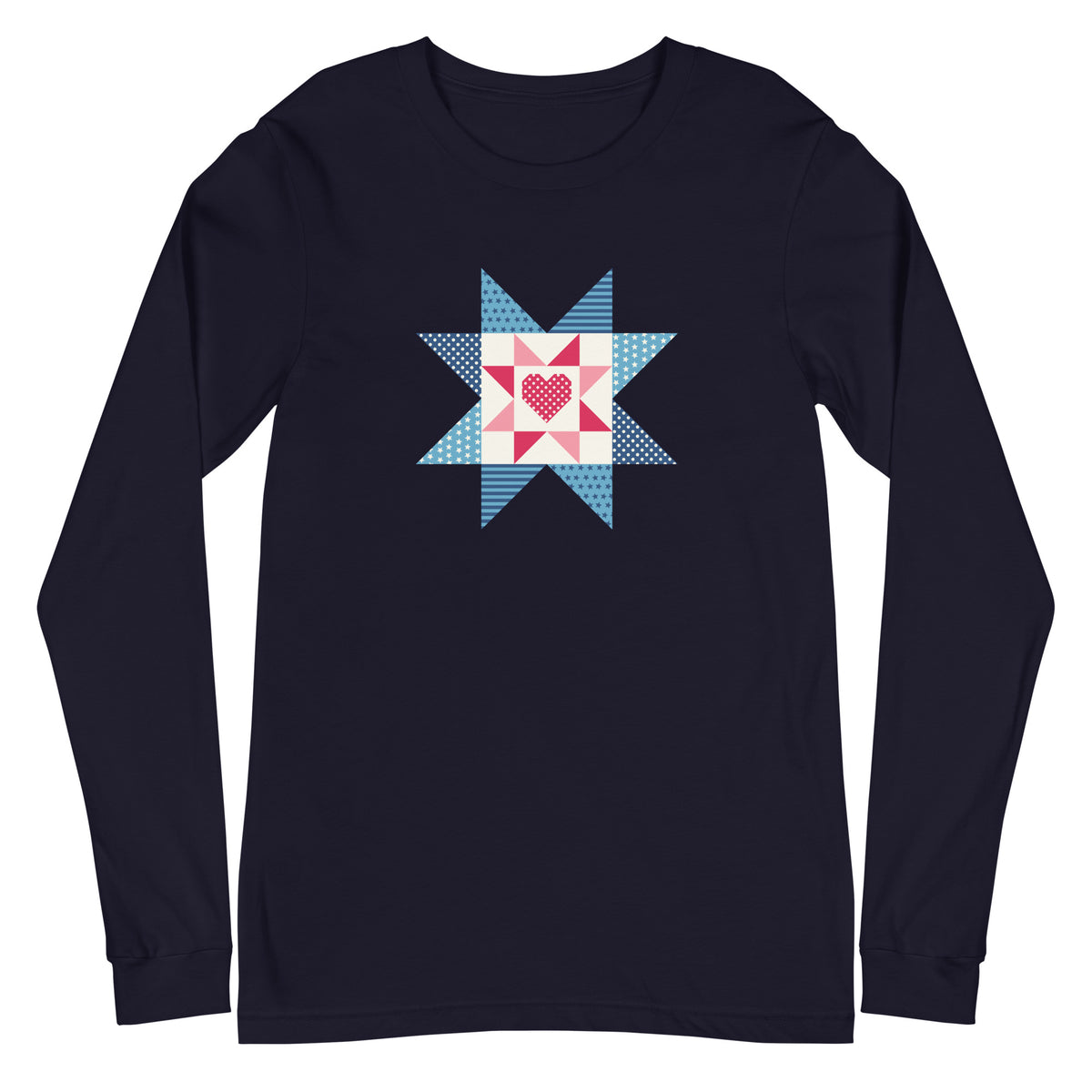 Liberty Love star quilt block with a heart in red, white and blue on a long sleeve t-shirt in navy, front view – Kate Spain design for Pat Sloan