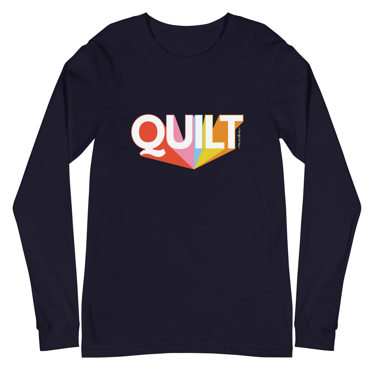 Moda QUILT logo in white letters with orange, pink, blue and yellow rays on a unisex long-sleeve tee in navy, front view – Kate Spain design