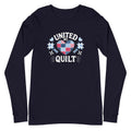 Quilters United quilt badge in red, white and blue on a long sleeve t-shirt in navy, front view – Kate Spain design for Pat Sloan