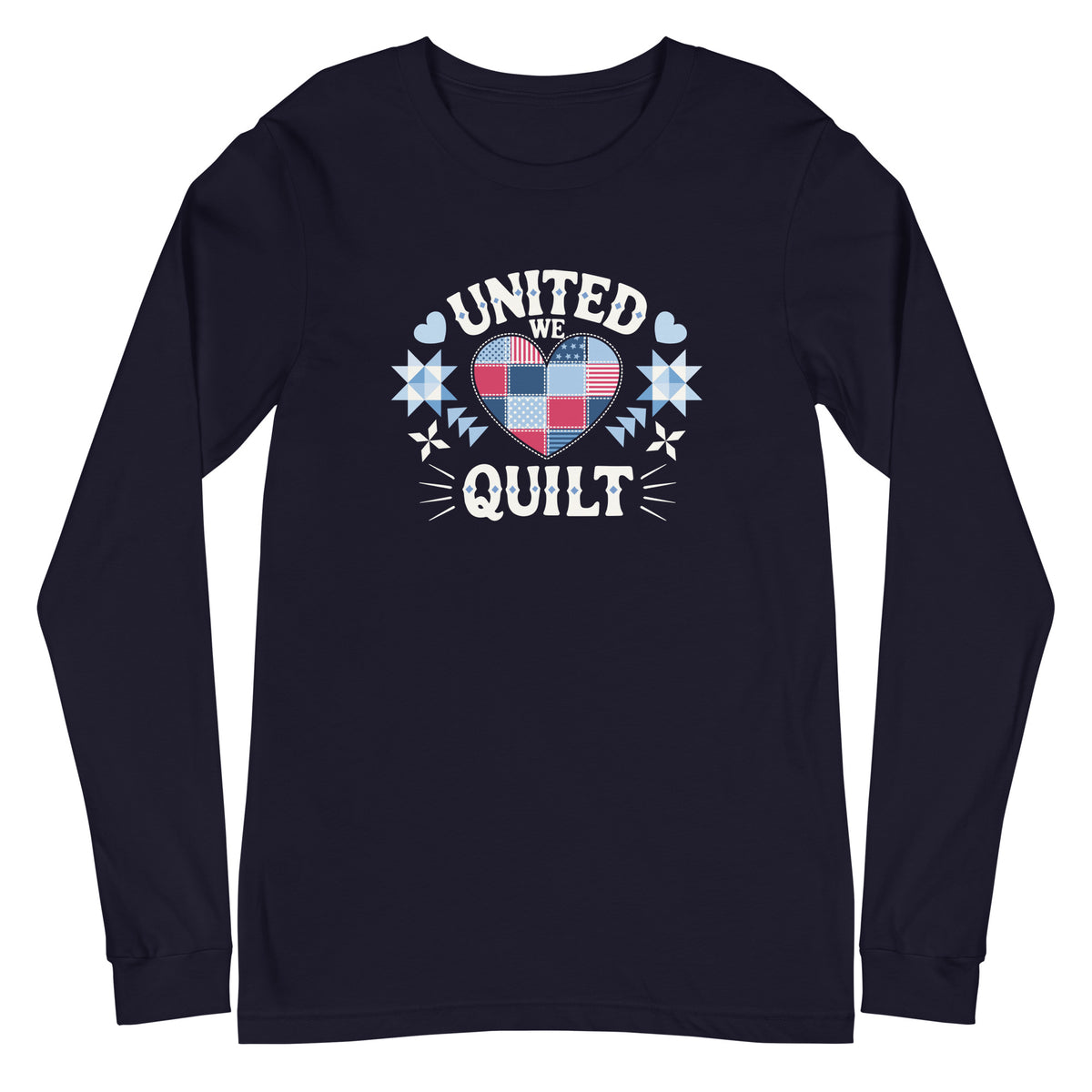 Quilters United quilt badge in red, white and blue on a long sleeve t-shirt in navy, front view – Kate Spain design for Pat Sloan