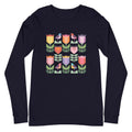 Birds + Blooms patchwork tulips and birds on a long sleeve t-shirt in navy, front view – Kate Spain design for Pat Sloan