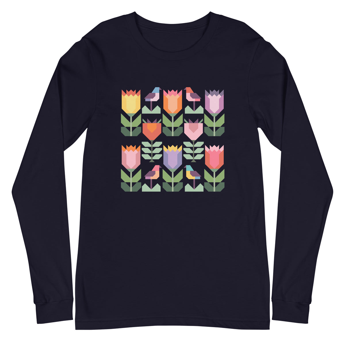 Birds + Blooms patchwork tulips and birds on a long sleeve t-shirt in navy, front view – Kate Spain design for Pat Sloan