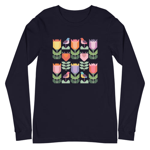 Birds + Blooms patchwork tulips and birds on a long sleeve t-shirt in navy, front view – Kate Spain design for Pat Sloan
