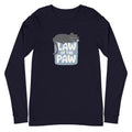 Law of the Paw® design with a cat napping on the logo on a long sleeve t-shirt in navy, front view – Kate Spain design