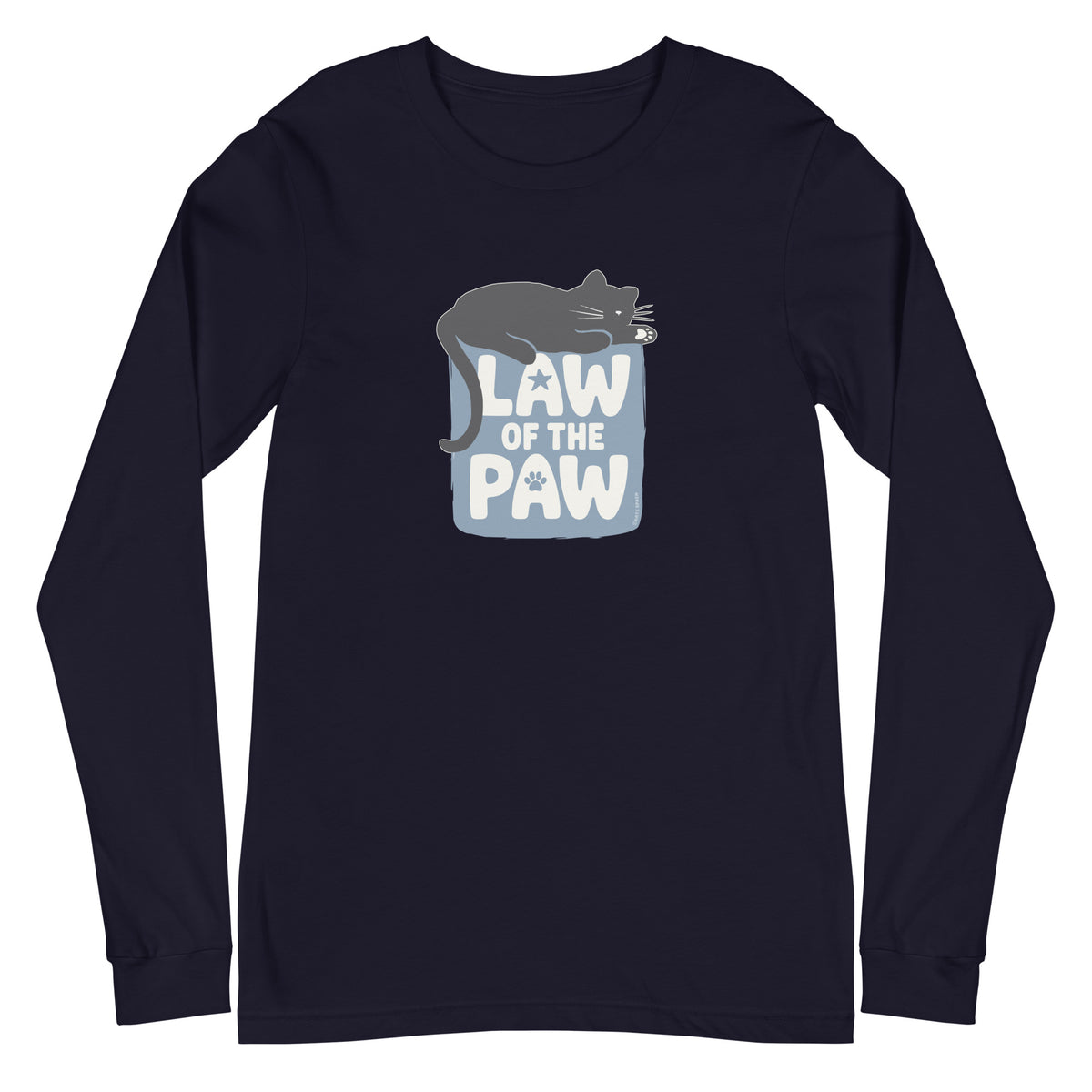 Law of the Paw® design with a cat napping on the logo on a long sleeve t-shirt in navy, front view – Kate Spain design