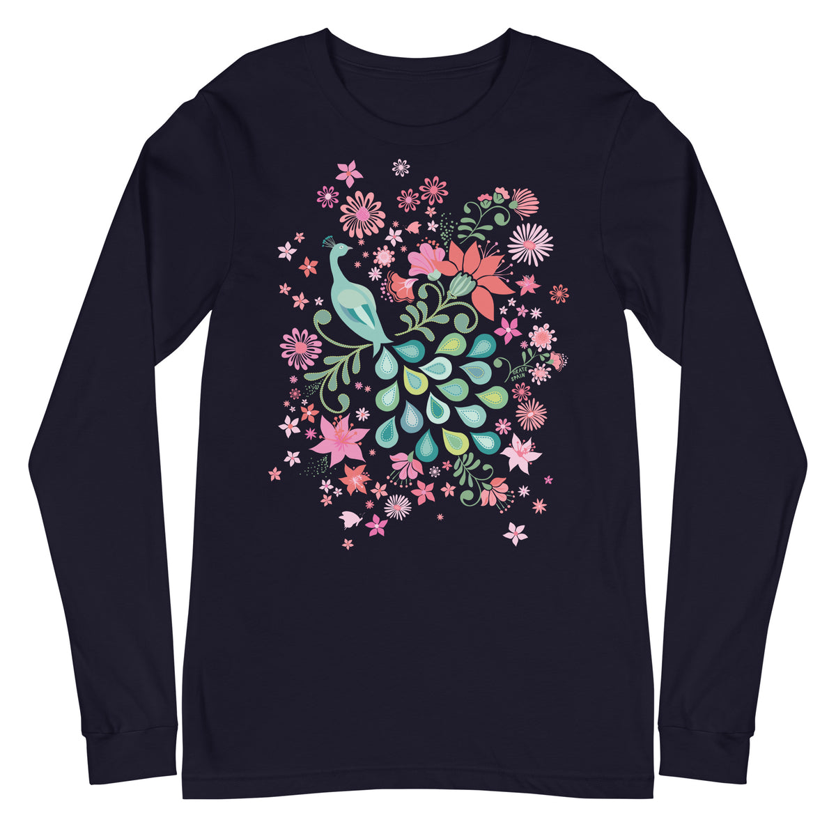 Folk-art peacock among coral, pink and sage-green blooms on a unisex long-sleeve tee in navy, front view – Kate Spain design