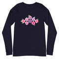 Pink GeoFlora hexagon flower cluster in pinks, lavenders and sage greens on a unisex long-sleeve tee in navy, front view – Kate Spain design for Pat Sloan