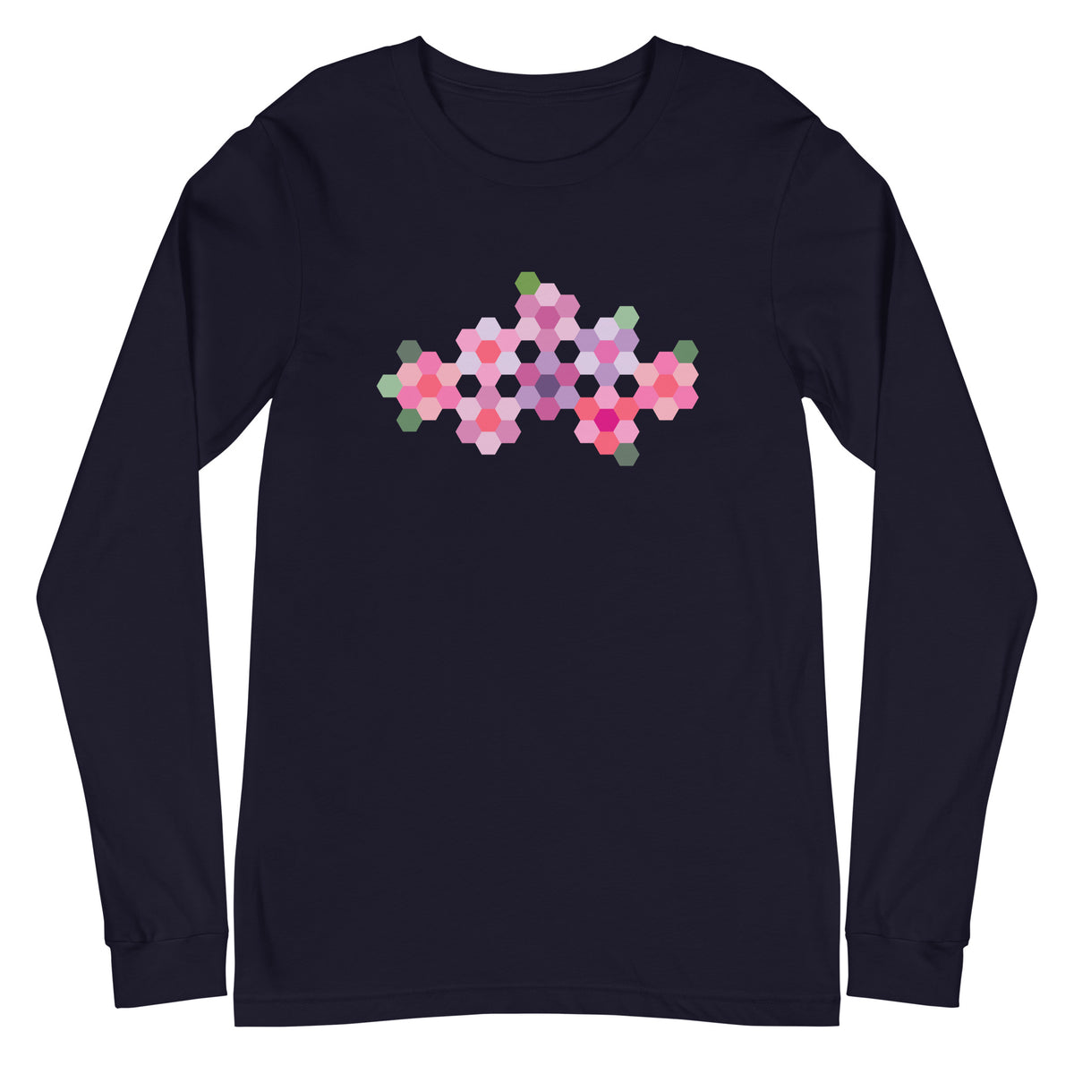 Pink GeoFlora hexagon flower cluster in pinks, lavenders and sage greens on a unisex long-sleeve tee in navy, front view – Kate Spain design for Pat Sloan