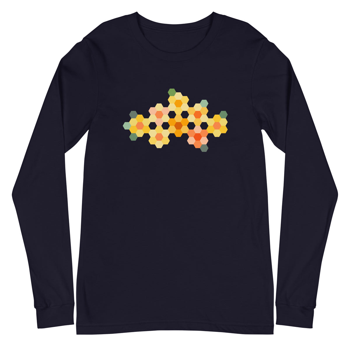 Yellow GeoFlora hexagon flower cluster in yellows, peach and greens on a unisex long-sleeve tee in navy, front view – Kate Spain design for Pat Sloan
