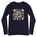 Sew Merry + Bright lettering with quilt stars, holly and a spool on a unisex long-sleeve tee in navy, front view – Kate Spain design for Pat Sloan