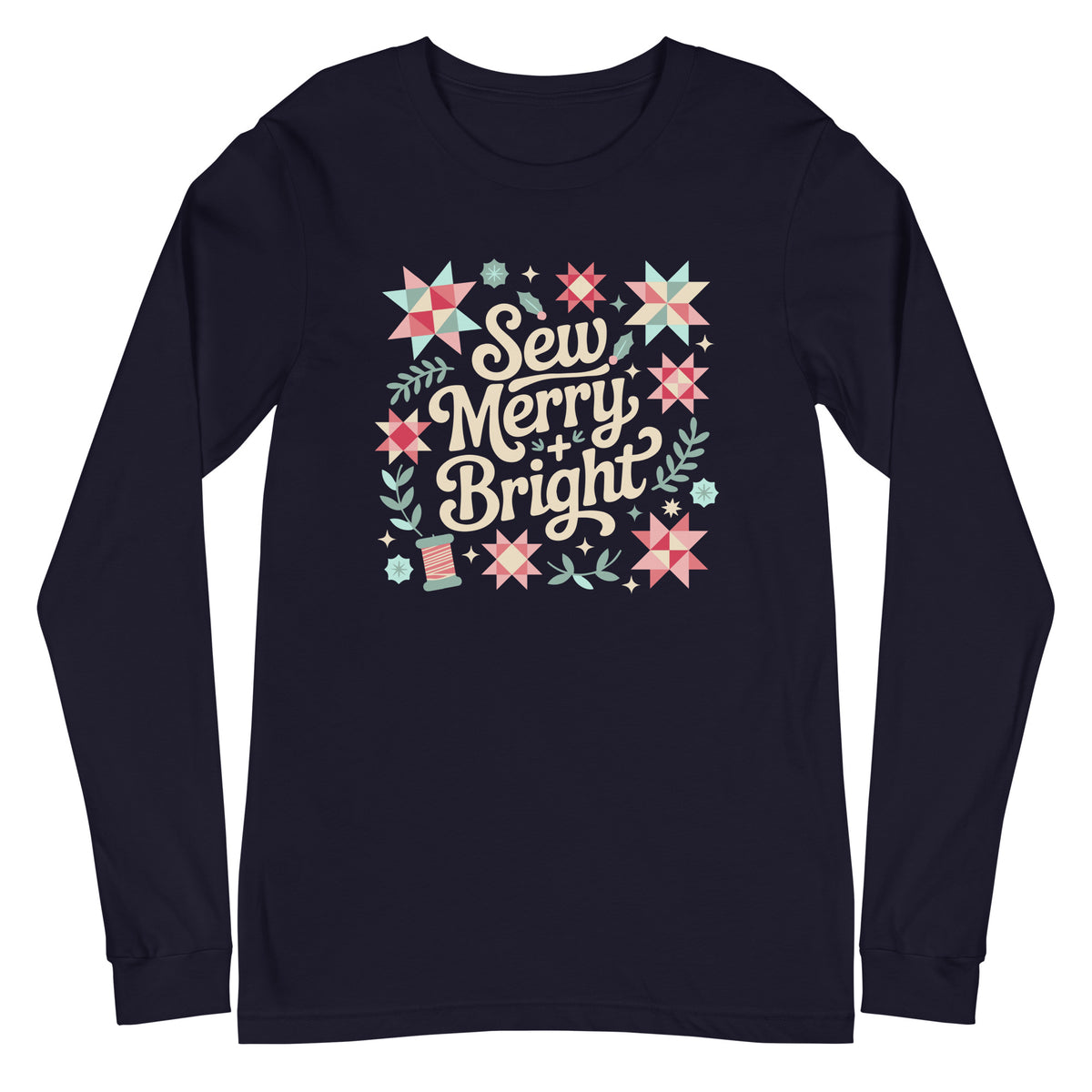 Sew Merry + Bright lettering with quilt stars, holly and a spool on a unisex long-sleeve tee in navy, front view – Kate Spain design for Pat Sloan