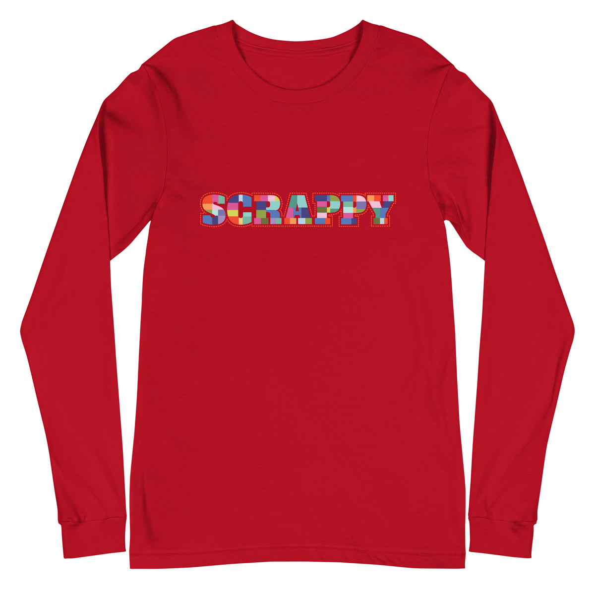 SCRAPPY in multicolor patchwork-square letters on a unisex long-sleeve tee in red, front view – Kate Spain design