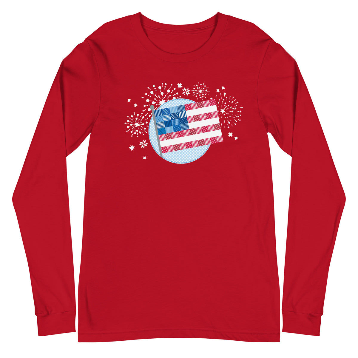 patchwork American flag in quilt fabrics on a long sleeve t-shirt in red, front view – Kate Spain design for Pat Sloan