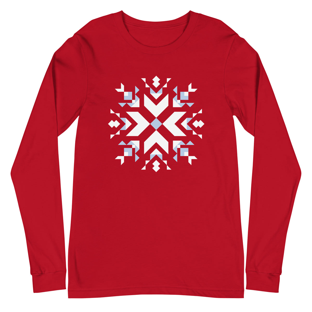 Let It Snow snowflake quilt block on a long sleeve t-shirt in red, front view – Kate Spain design for Pat Sloan
