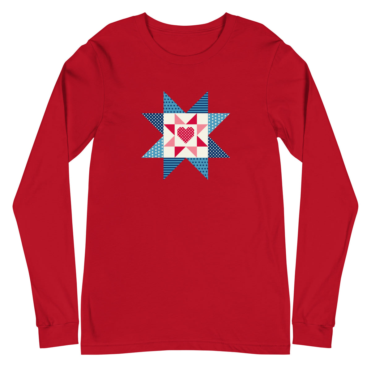 Liberty Love star quilt block with a heart in red, white and blue on a long sleeve t-shirt in red, front view – Kate Spain design for Pat Sloan