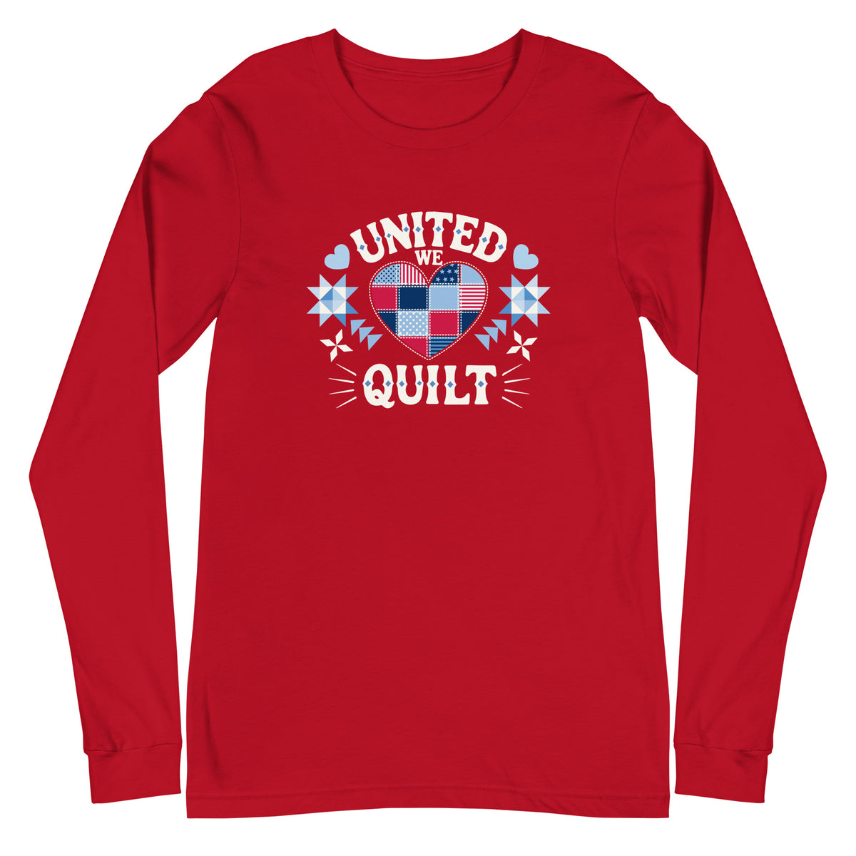 Quilters United quilt badge in red, white and blue on a long sleeve t-shirt in red, front view – Kate Spain design for Pat Sloan