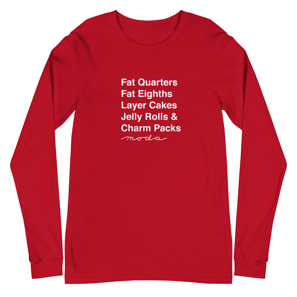 Moda precuts list in white (Fat Quarters to Charm Packs) on a unisex long-sleeve tee in red, front view – Kate Spain design