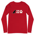 Law of the Paw® logo with seated dog and paw print on a long sleeve t-shirt in red, front view – Kate Spain design