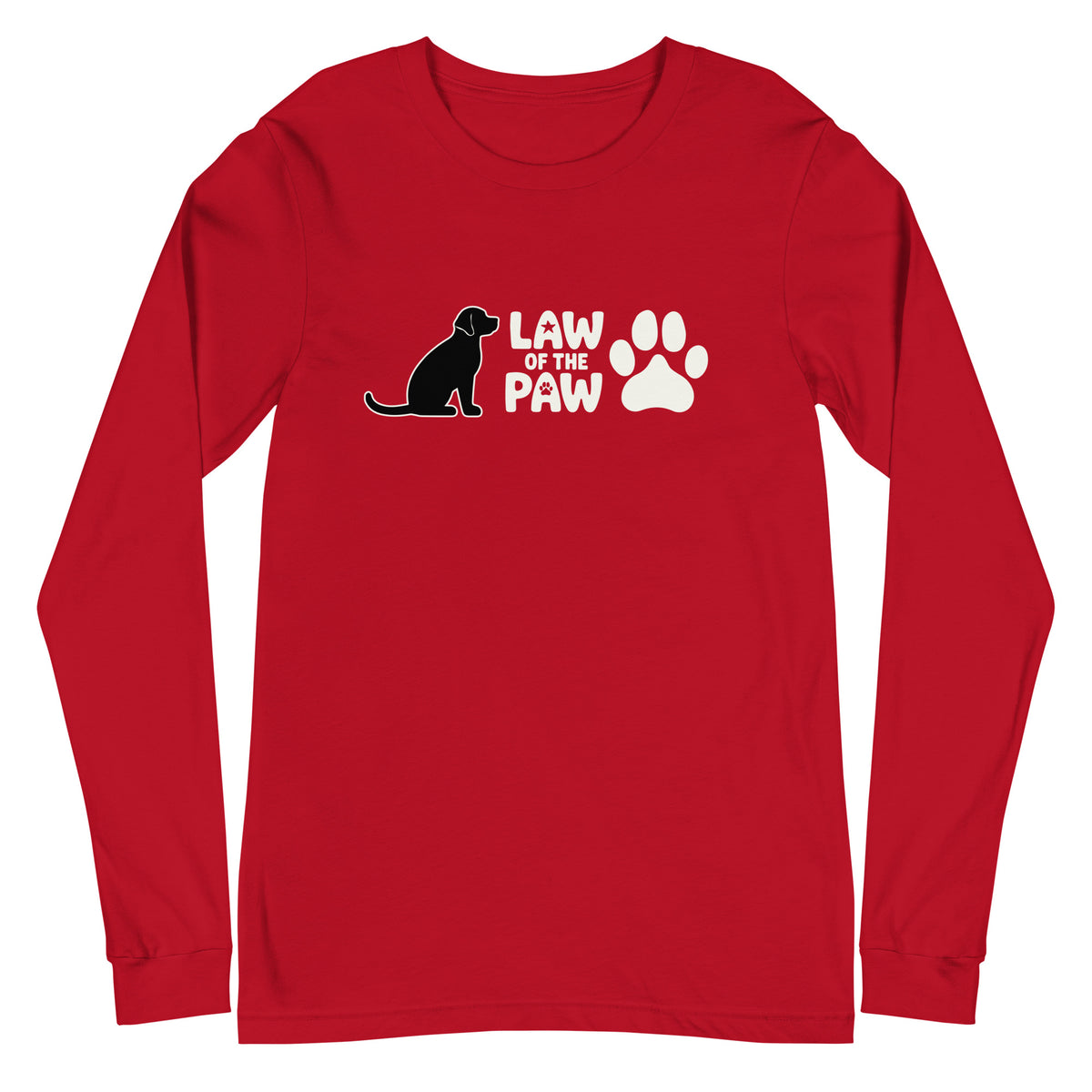 Law of the Paw® logo with seated dog and paw print on a long sleeve t-shirt in red, front view – Kate Spain design