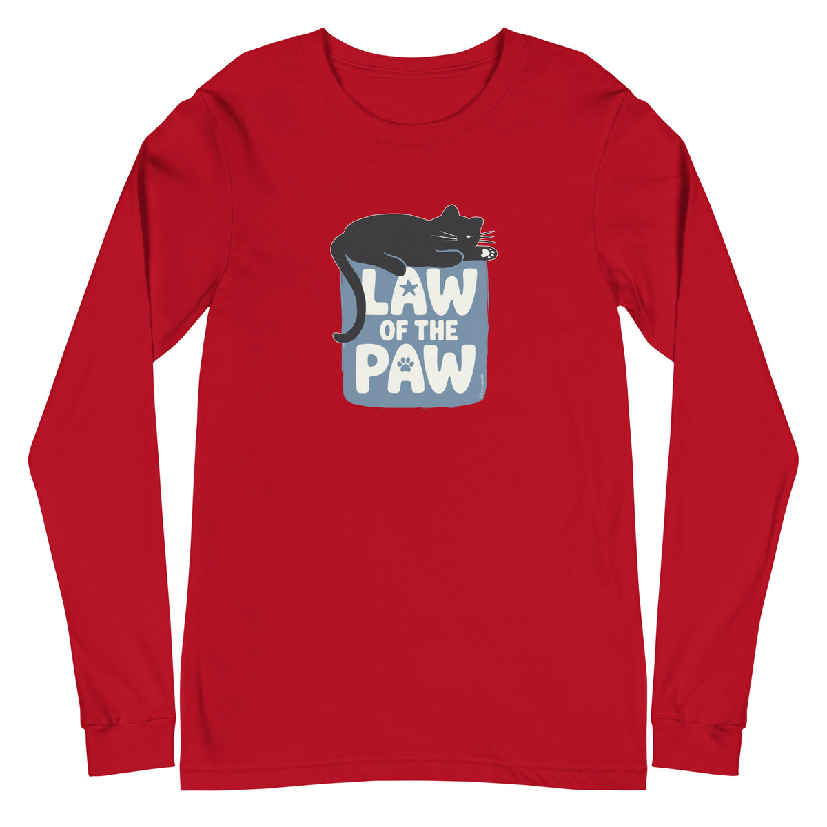 Law of the Paw® design with a cat napping on the logo on a long sleeve t-shirt in red, front view – Kate Spain design
