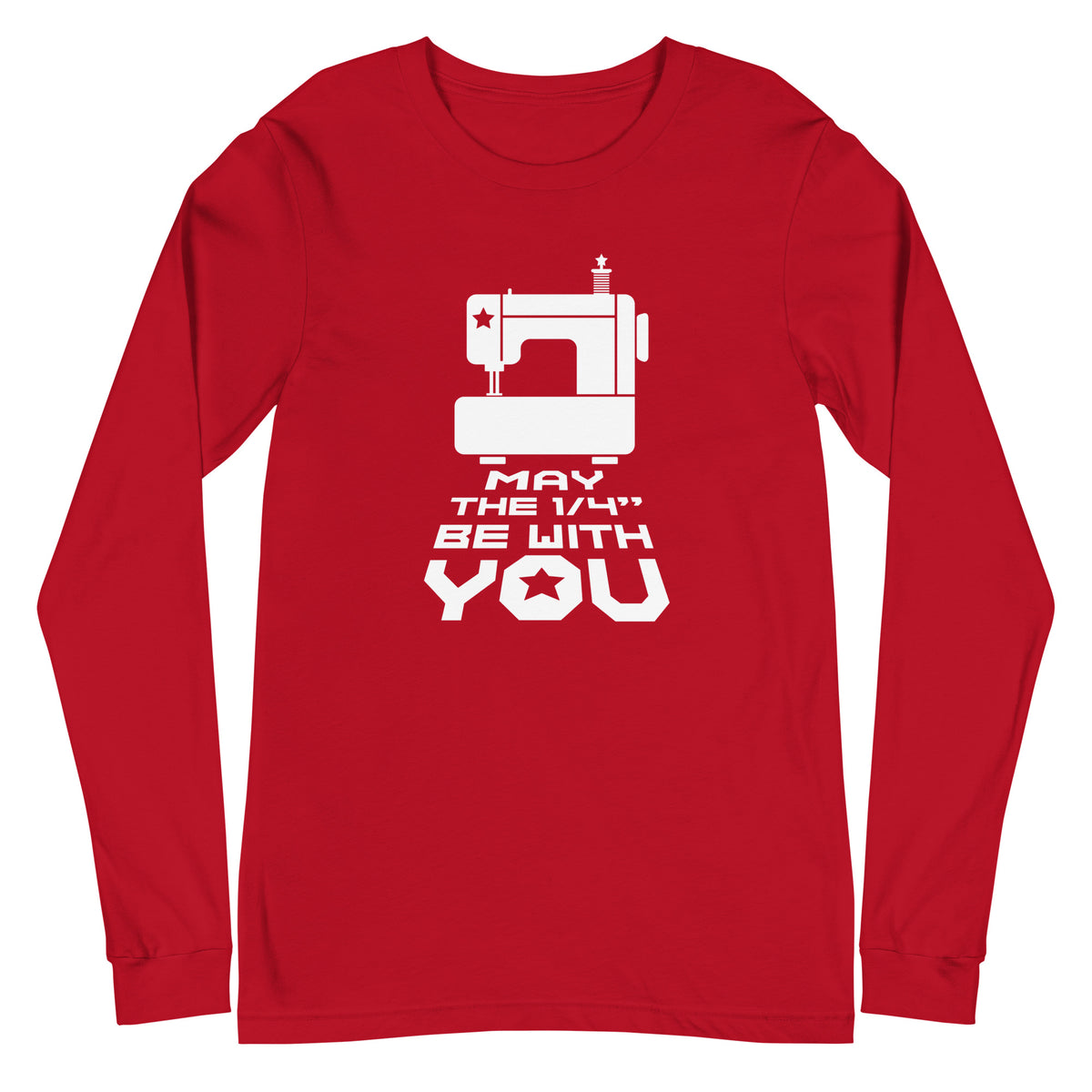 May the ¼" Be With You white sewing machine graphic on a unisex long-sleeve tee in red, front view – Kate Spain design for Pat Sloan
