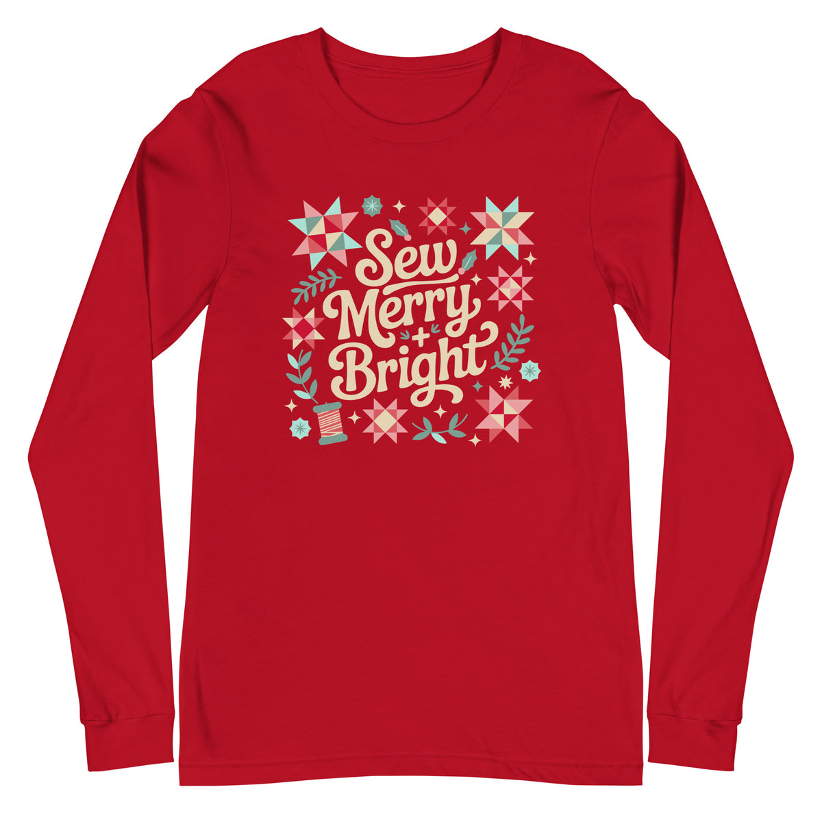 Sew Merry + Bright lettering with quilt stars, holly and a spool on a unisex long-sleeve tee in red, front view – Kate Spain design for Pat Sloan