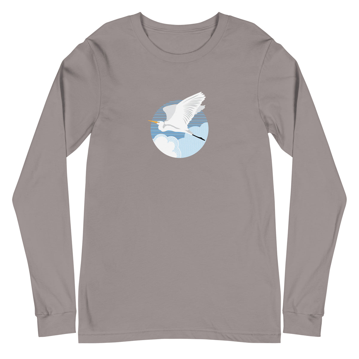Great egret in flight against a blue circle on a long sleeve t-shirt in storm grey, front view – Kate Spain design