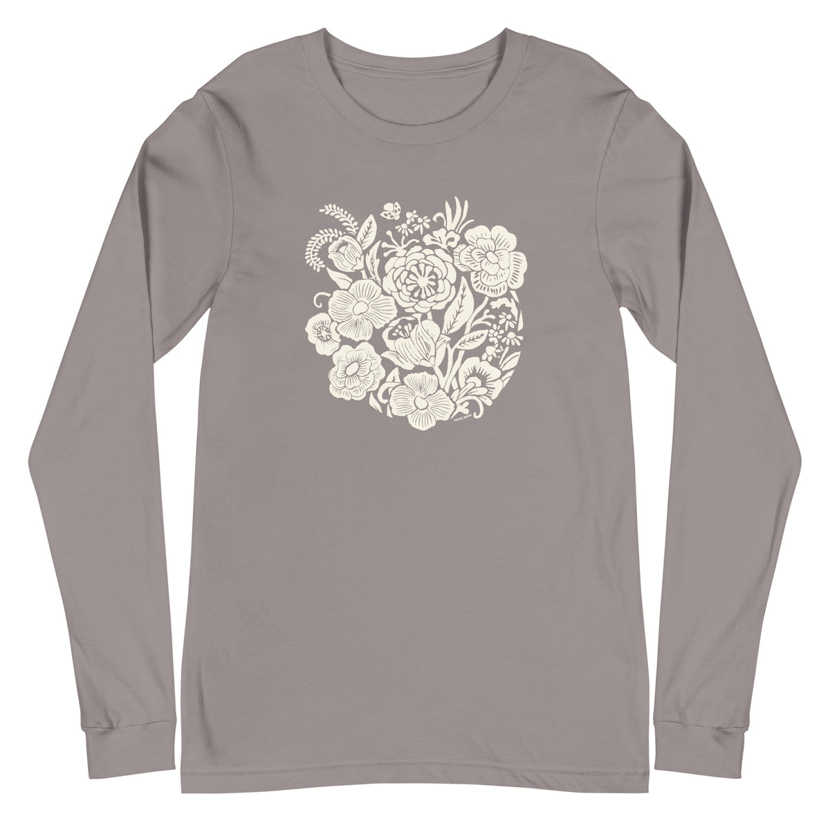 Meadowsweet woodblock-style bouquet of wildflowers on a long sleeve t-shirt in storm grey, front view – Kate Spain design