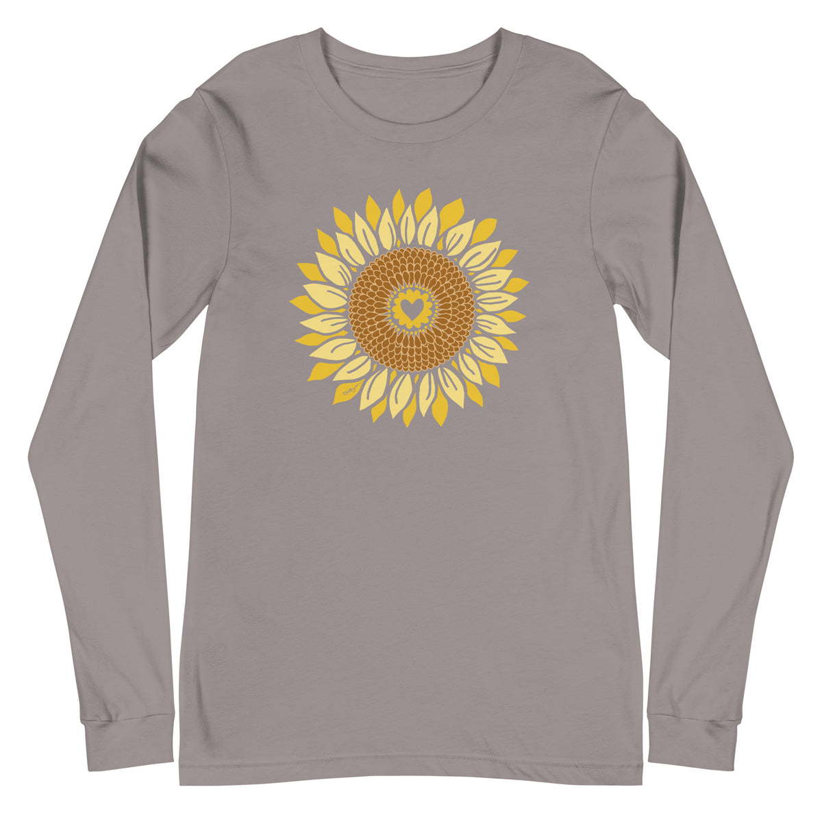 Golden sunflower with a heart center on a long sleeve t-shirt in storm grey, front view – Sunflowers in My Heart by Kate Spain