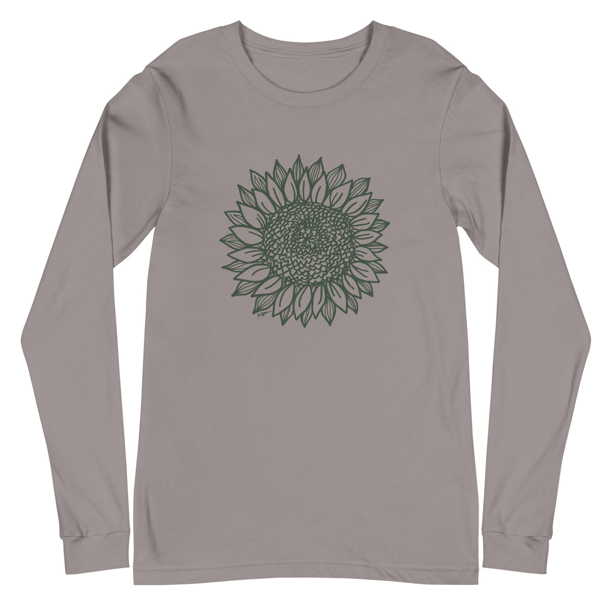 Green botanical line-art sunflower drawn from life on a long sleeve t-shirt in storm grey, front view – Sunflower by Kate Spain