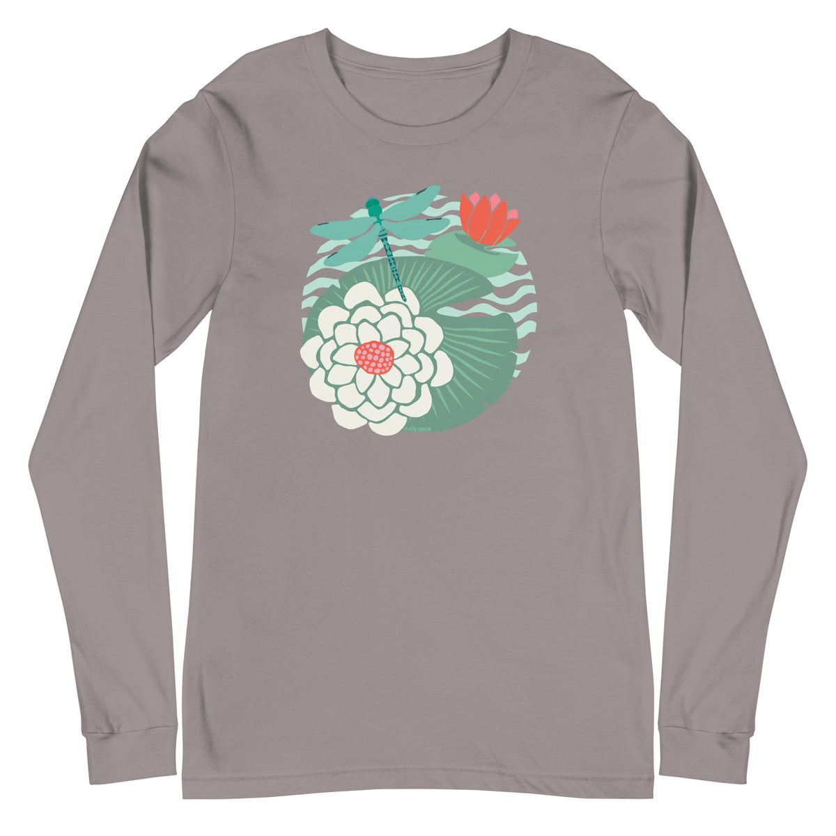 Dragonfly over water lilies and lily pads on a long sleeve t-shirt in storm grey, front view – Kate Spain design