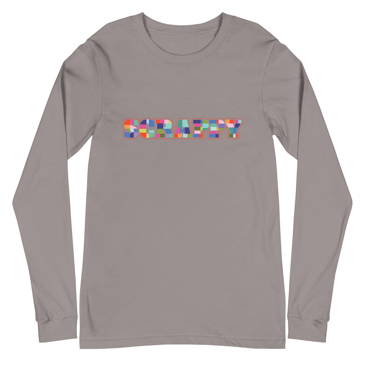 SCRAPPY in multicolor patchwork-square letters on a unisex long-sleeve tee in storm grey, front view – Kate Spain design