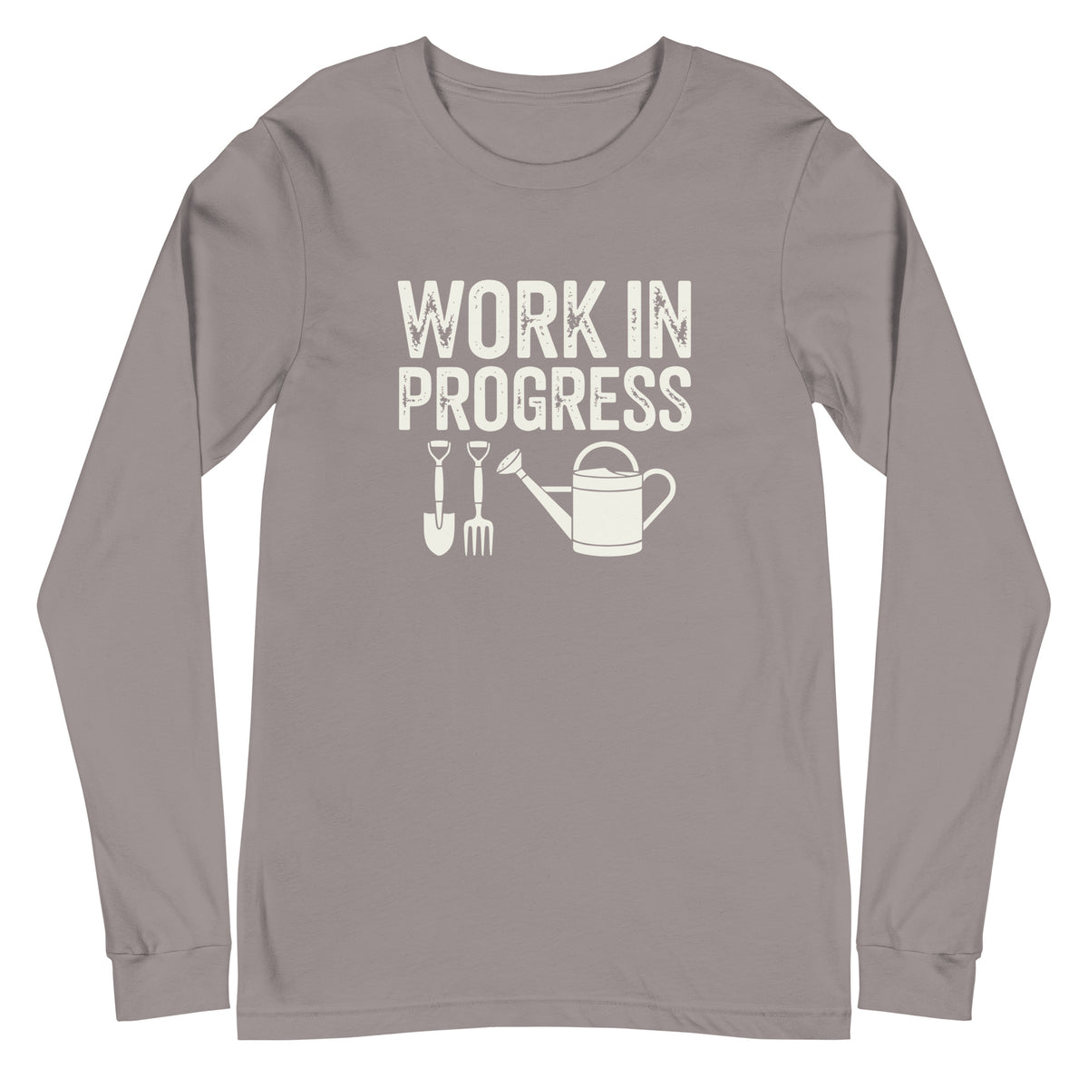 Garden Work in Progress distressed lettering with a shovel, pitchfork and watering can on a long sleeve t-shirt in storm grey, front view – Kate Spain design