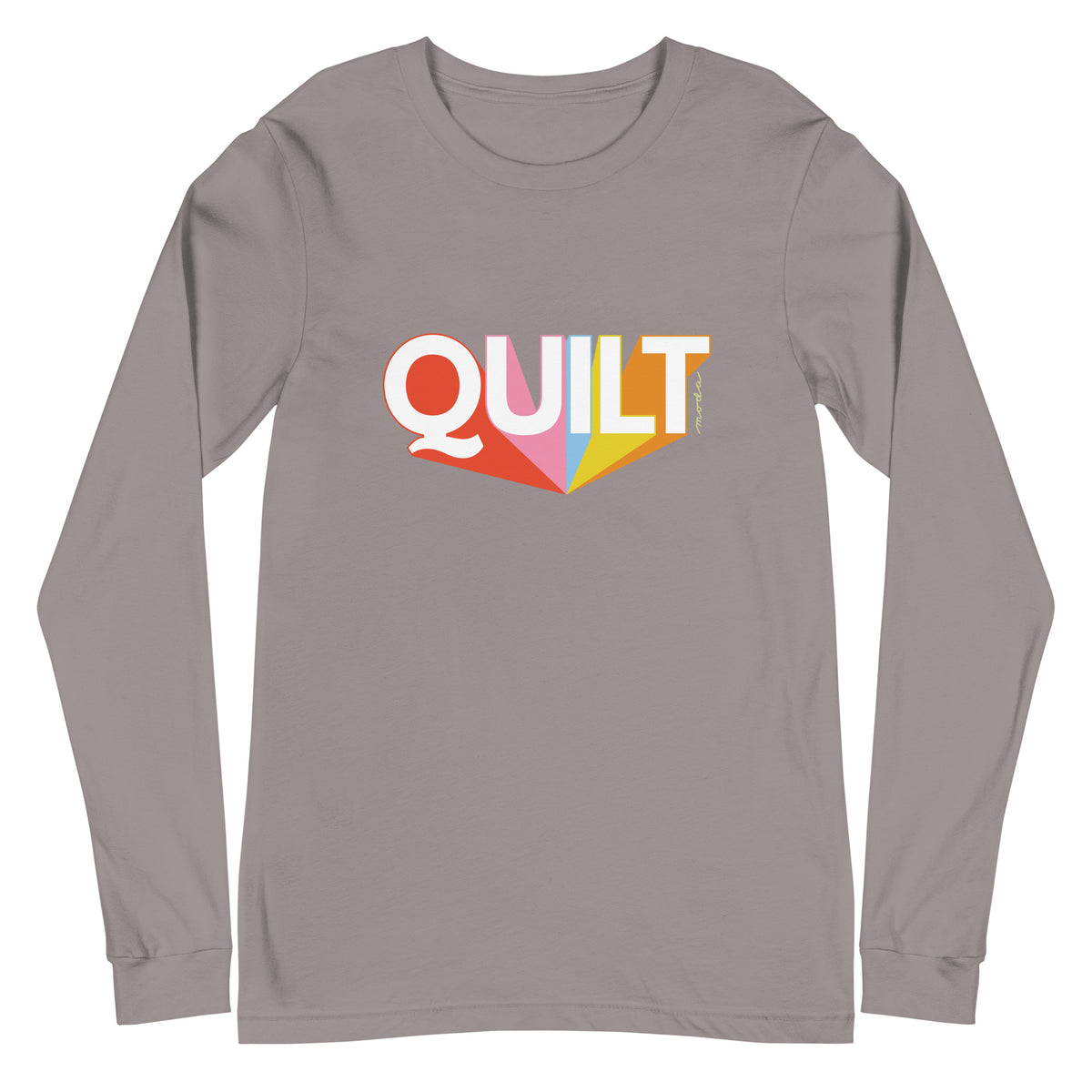 Moda QUILT logo in white letters with orange, pink, blue and yellow rays on a unisex long-sleeve tee in storm grey, front view – Kate Spain design
