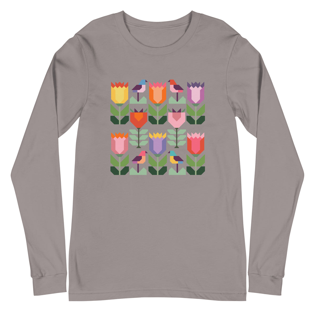 Birds + Blooms patchwork tulips and birds on a long sleeve t-shirt in storm grey, front view – Kate Spain design for Pat Sloan