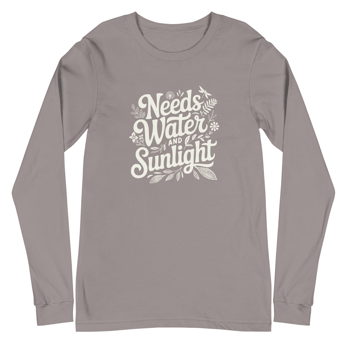 "Needs Water and Sunlight" hand-lettering with leaves and a dragonfly on a unisex long-sleeve tee in storm grey, front view – Kate Spain design