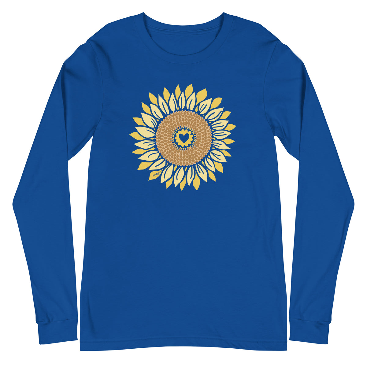 Golden sunflower with a heart center on a long sleeve t-shirt in royal blue, front view – Sunflowers in My Heart by Kate Spain