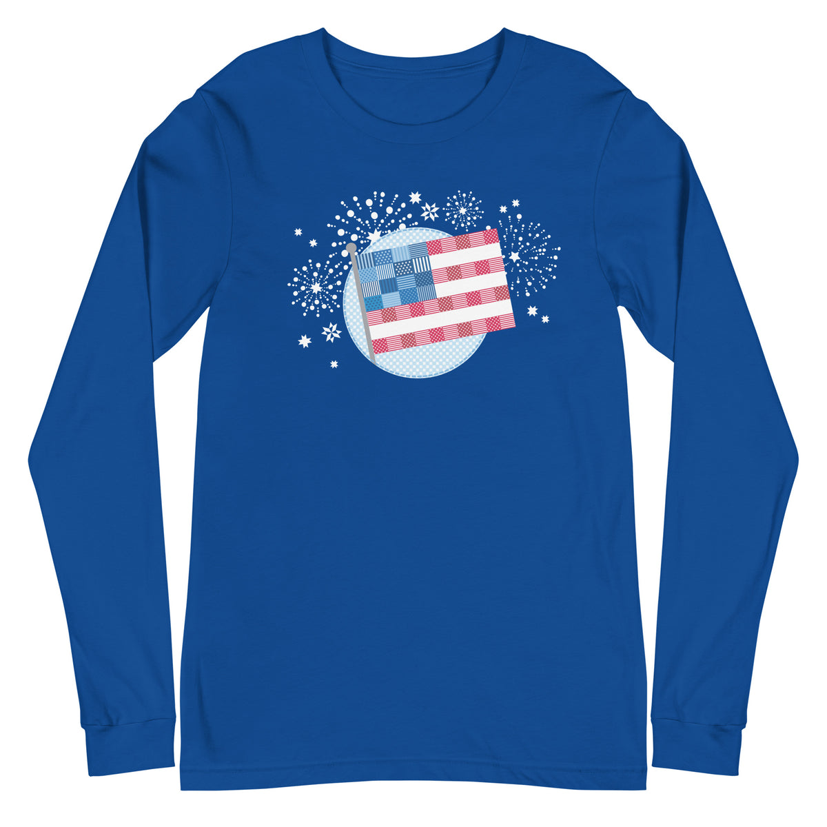 patchwork American flag in quilt fabrics on a long sleeve t-shirt in royal blue, front view – Kate Spain design for Pat Sloan