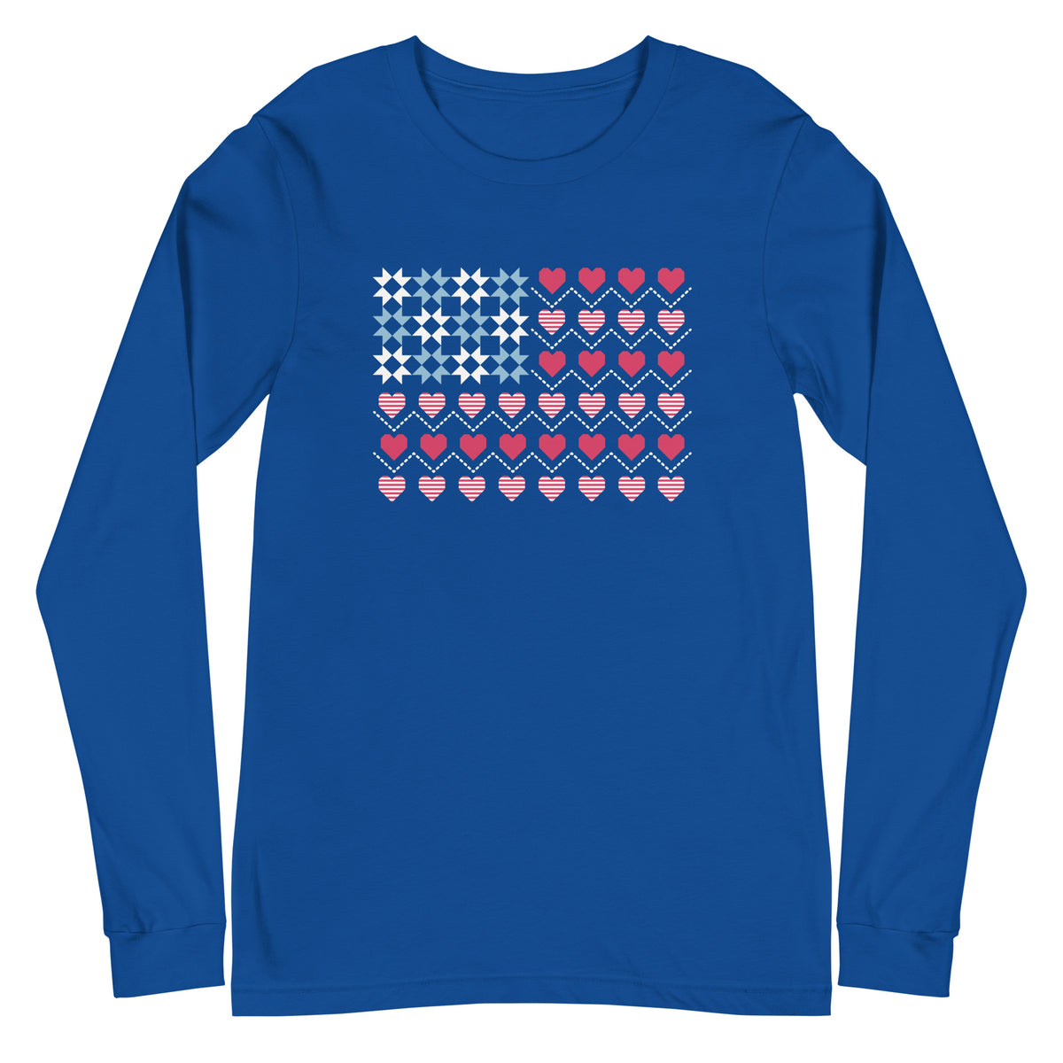 United We Quilt patchwork flag with quilt-block stars and heart stripes on a long sleeve t-shirt in royal blue, front view – Kate Spain design for Pat Sloan