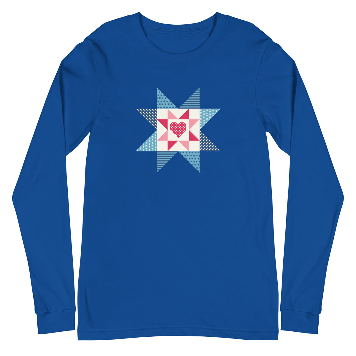 Liberty Love star quilt block with a heart in red, white and blue on a long sleeve t-shirt in royal blue, front view – Kate Spain design for Pat Sloan