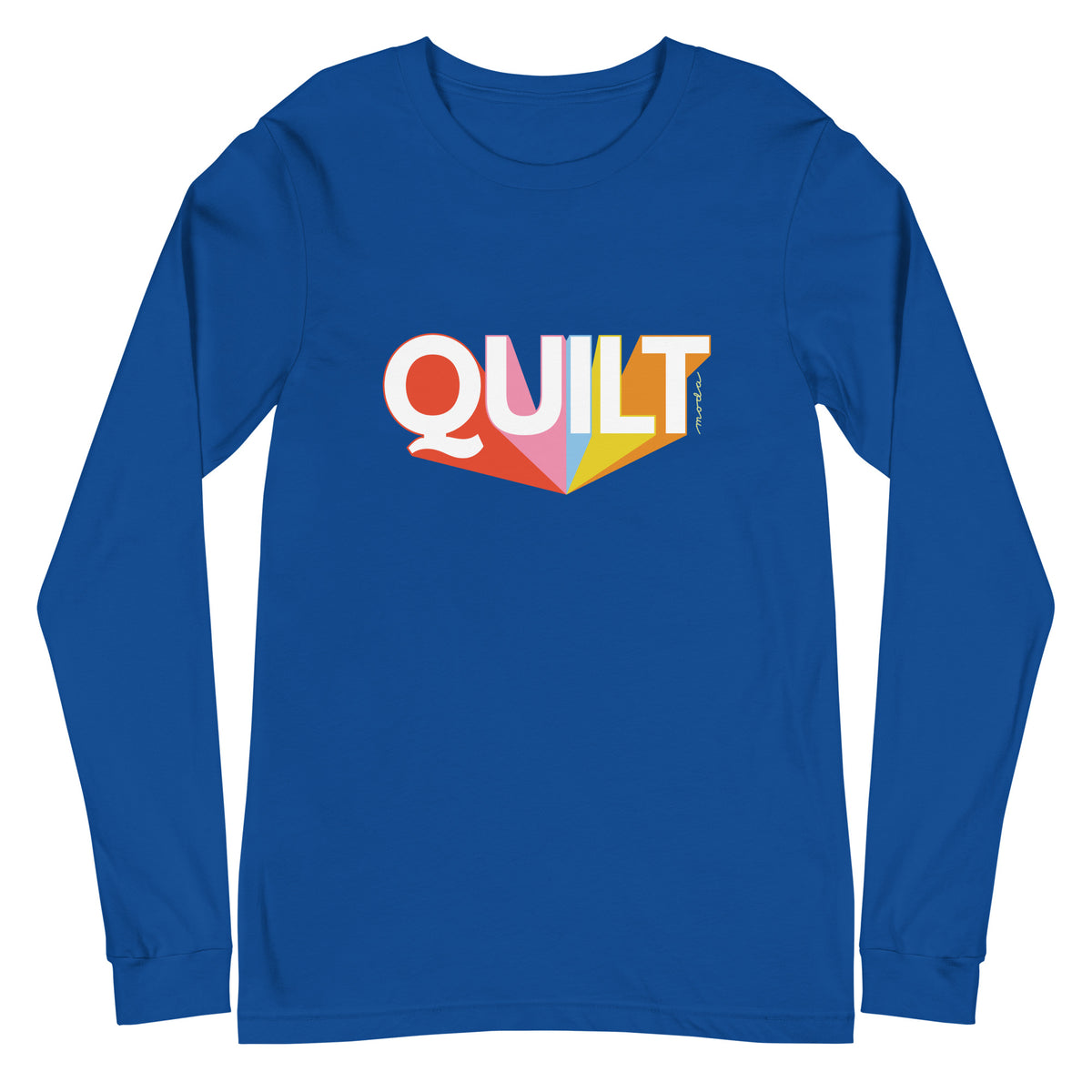 Moda QUILT logo in white letters with orange, pink, blue and yellow rays on a unisex long-sleeve tee in royal blue, front view – Kate Spain design