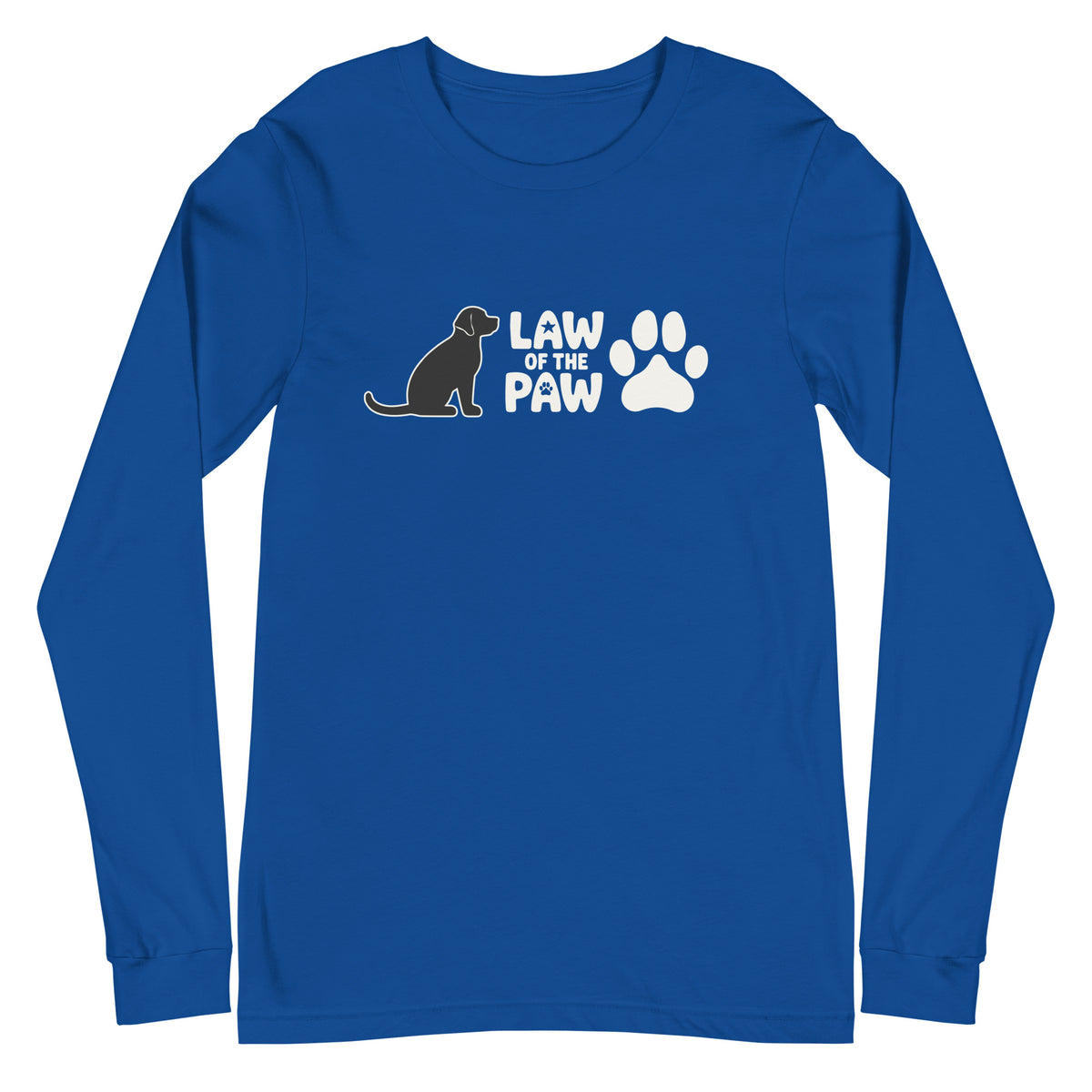 Law of the Paw® logo with seated dog and paw print on a long sleeve t-shirt in royal blue, front view – Kate Spain design