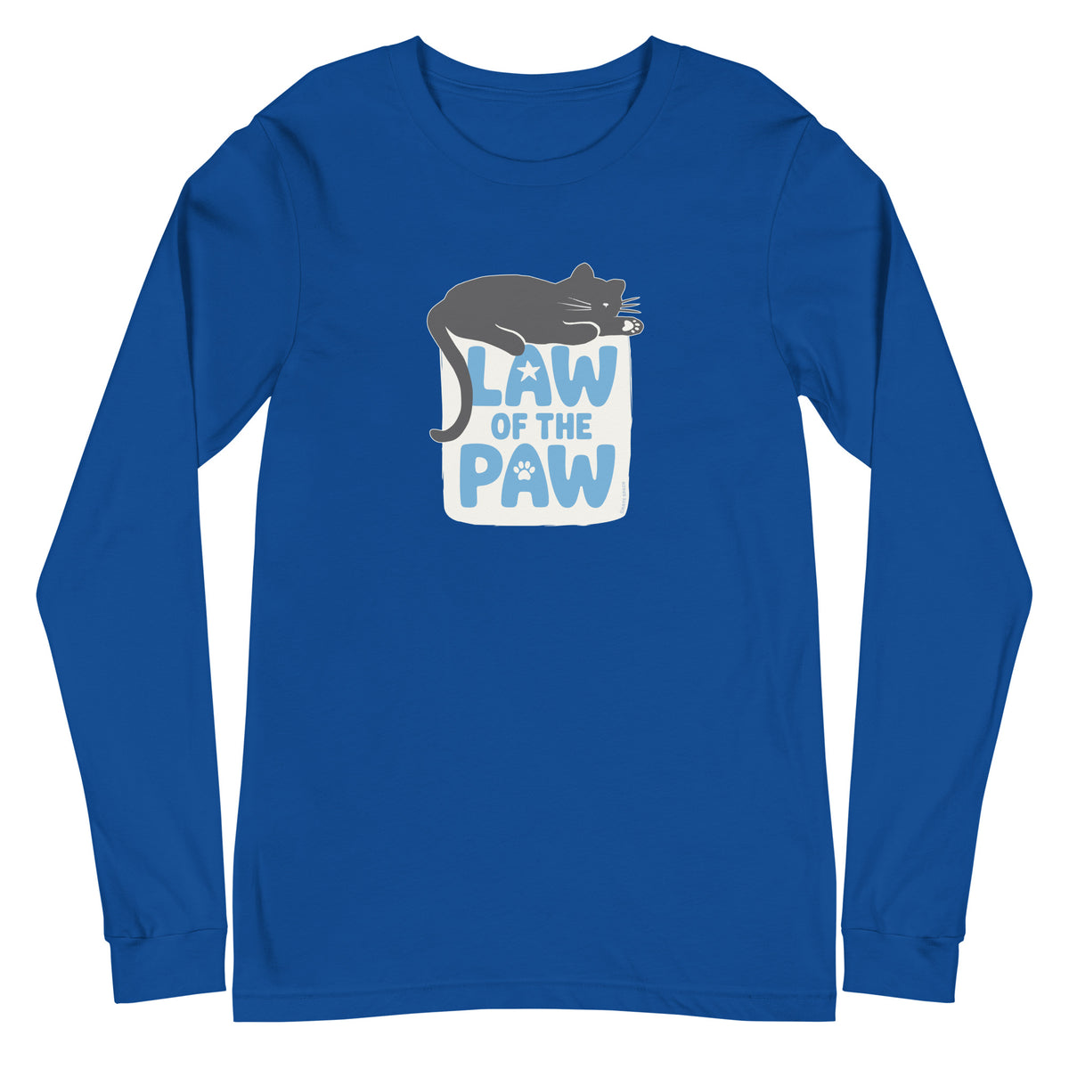 Law of the Paw® design with a cat napping on the logo on a long sleeve t-shirt in royal blue, front view – Kate Spain design