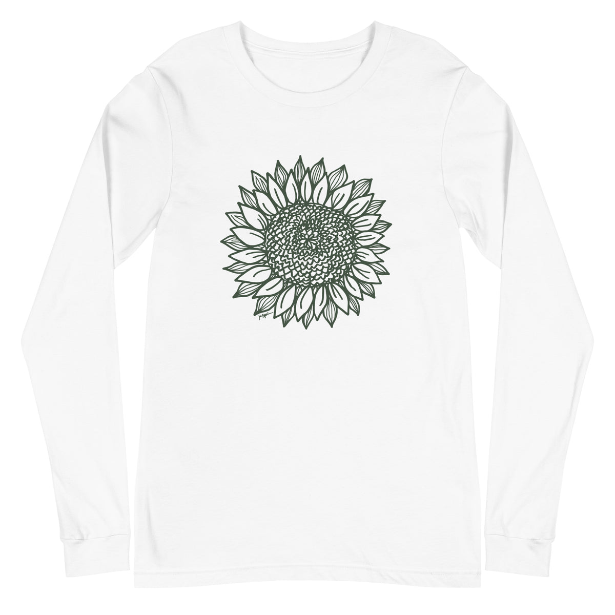 Green botanical line-art sunflower drawn from life on a long sleeve t-shirt in white, front view – Sunflower by Kate Spain