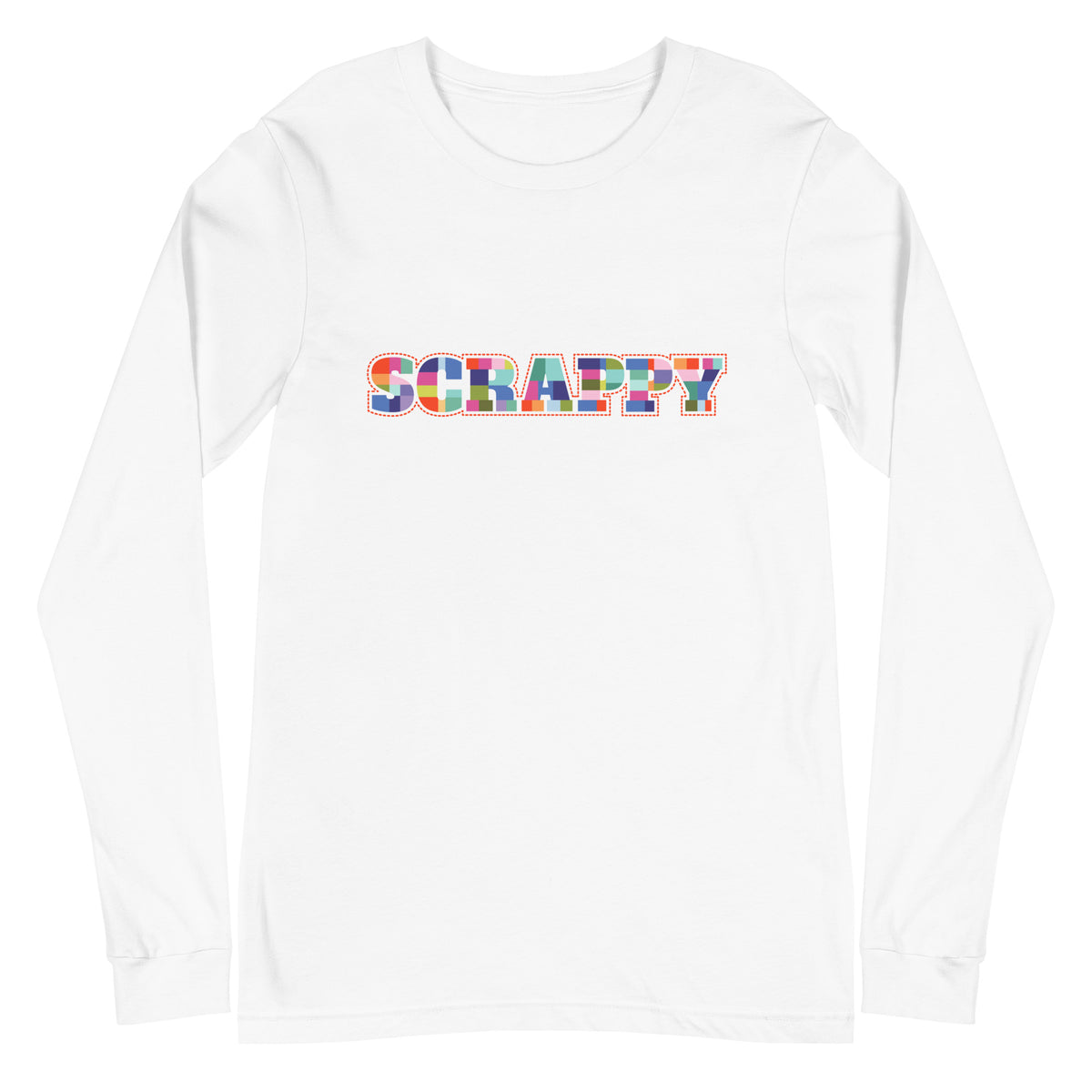 SCRAPPY in multicolor patchwork-square letters on a unisex long-sleeve tee in white, front view – Kate Spain design