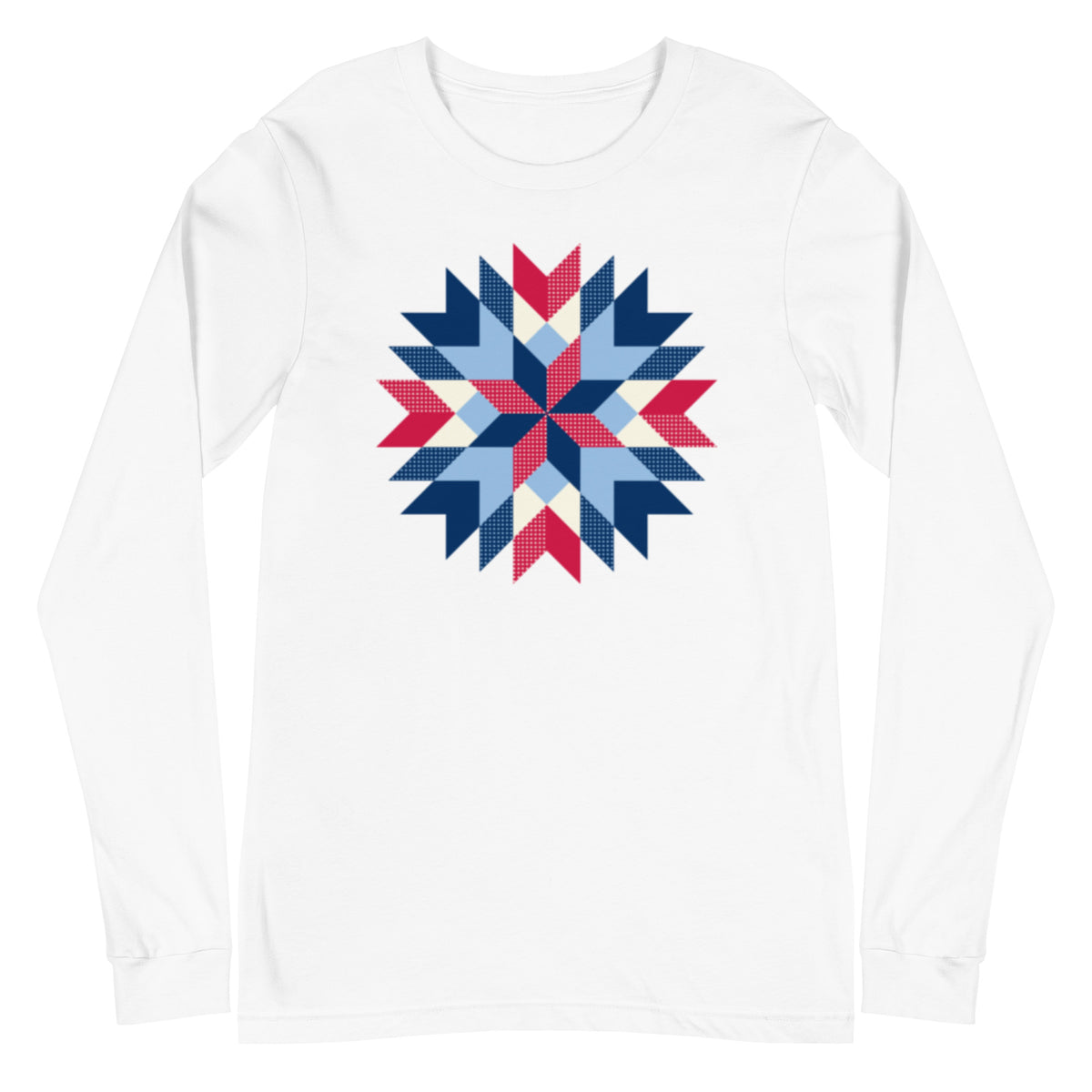 Barn Star quilt block in red, white and blue on a long sleeve t-shirt in white, front view – Kate Spain design for Pat Sloan