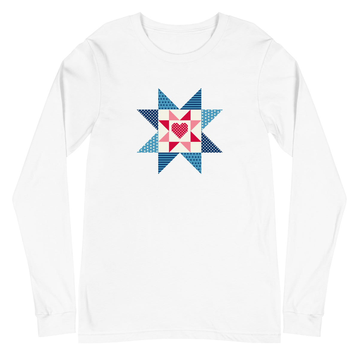 Liberty Love star quilt block with a heart in red, white and blue on a long sleeve t-shirt in white, front view – Kate Spain design for Pat Sloan