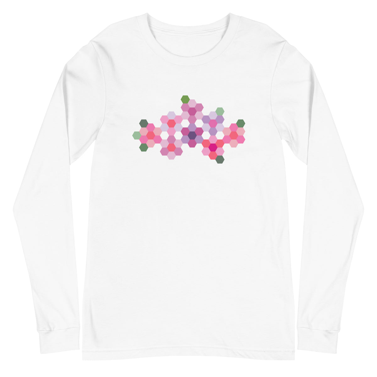 Pink GeoFlora hexagon flower cluster in pinks, lavenders and sage greens on a unisex long-sleeve tee in white, front view – Kate Spain design for Pat Sloan