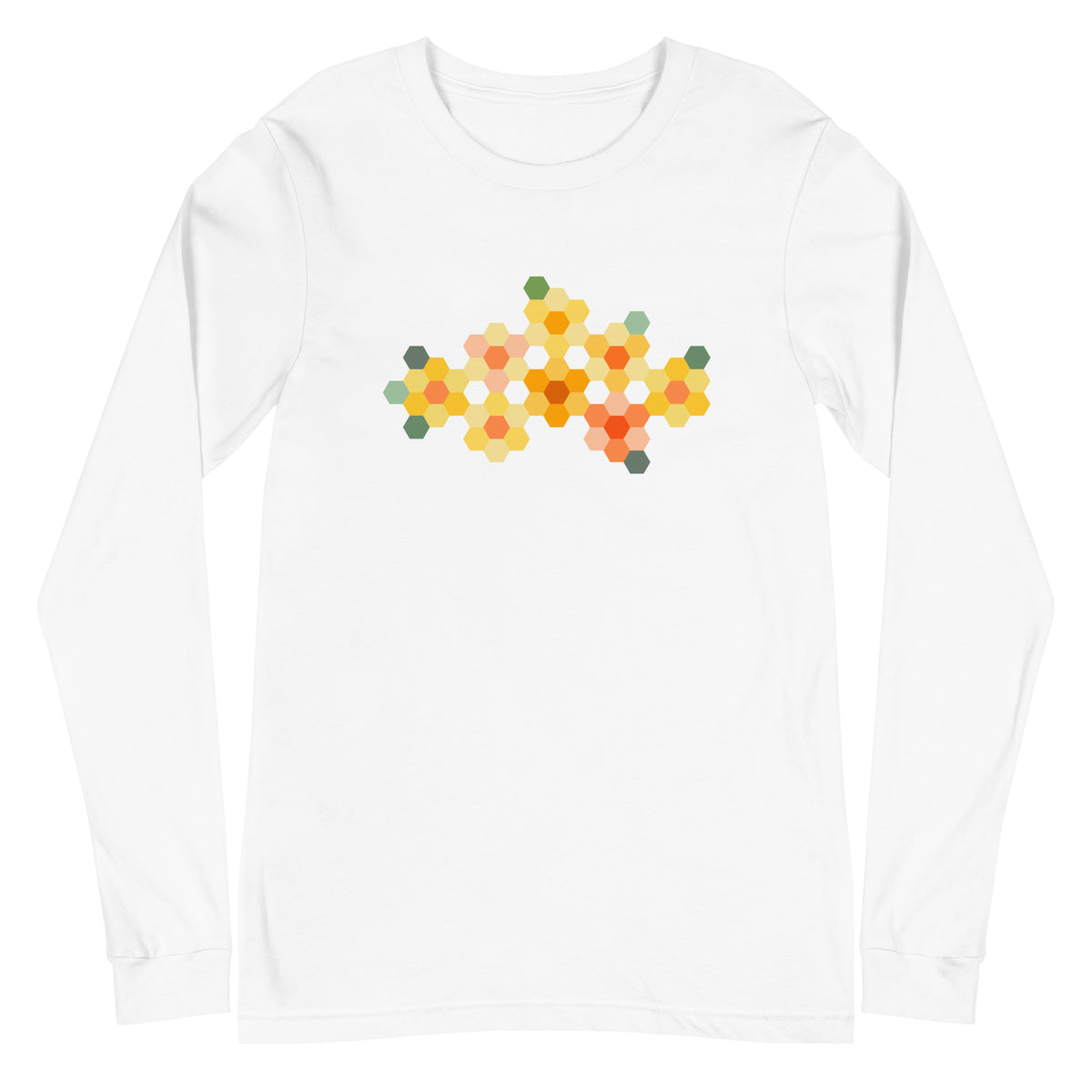 Yellow GeoFlora hexagon flower cluster in yellows, peach and greens on a unisex long-sleeve tee in white, front view – Kate Spain design for Pat Sloan