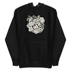 Meadowsweet woodblock-style bouquet of wildflowers on a pullover hoodie in black, front view – Kate Spain design